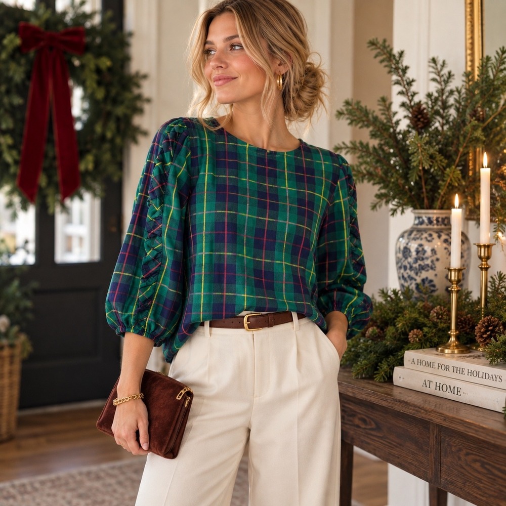 Crown & Ivy Plaid Ruffle Sleeve Blouse Womens Size L Green Gold Holiday Top